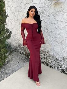 SHEIN SXY Vestido de fiesta de unicolor con hombros descubiertos, mangas acampanadas y cola de pez para mujer - Burdeos - Ver 6