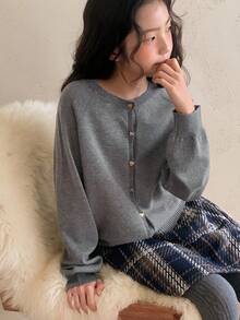 DAZY Tween Girl Fall/Winter New Loose Fit Gray Cardigan Sweater For Girls - Grey - View 2