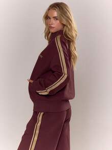 MUSERA Embroidered Striped Arm Half Zip Sweater Tracksuit Top Only Elegant Winter Work Cute Cosy - Burgundy - View 4