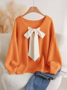 CosyJoli 大码休闲V领蝴蝶结系带宽松套头毛衣，春季/春假 - 橘色 - 查看 3