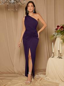SHEIN Belle Váy phù dâu dự tiệc xẻ vai thanh lịch, ôm sát, xếp nếp dành cho nữ - Màu tím - Xem 3