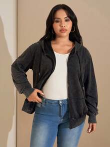 SHEIN Tall CURVE 大码女式开襟拉链水洗面料长袖卫衣，百搭黑色休闲套头衫，带口袋，适合秋冬季穿着。 - 黑色 - 查看 3