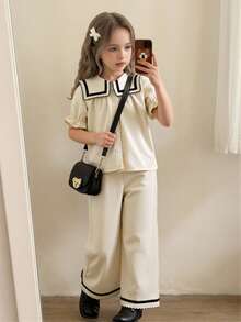 Elladie kids Young Girls Shirt Set - Top With Sweet Cute Contrast Collar, Elastic Cuff + Straight Leg Pants With Crinkle Texture Fabric, Casual Style Suitable For Summer Girls Spring Autumn Suit Girl Two Piece Pants Set Girls Clothes Sets Shirt Pants Collar Shirt Pants Set