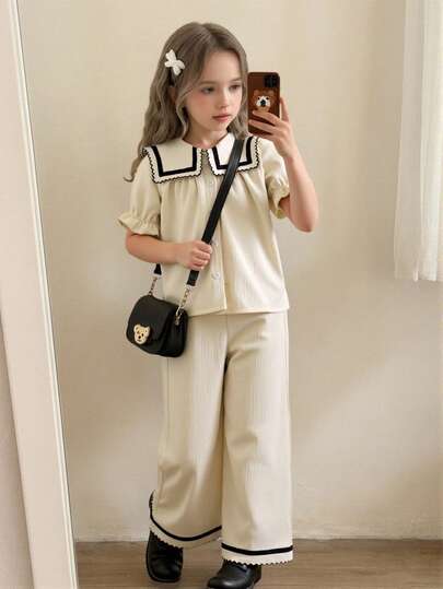 Elladie kids Young Girls Shirt Set - Top With Sweet Cute Contrast Collar, Elastic Cuff + Straight Leg Pants With Crinkle Texture Fabric, Casual Style Suitable For Summer Girls Spring Autumn Suit Girl Two Piece Pants Set Girls Clothes Sets Shirt Pants Collar Shirt Pants Set
