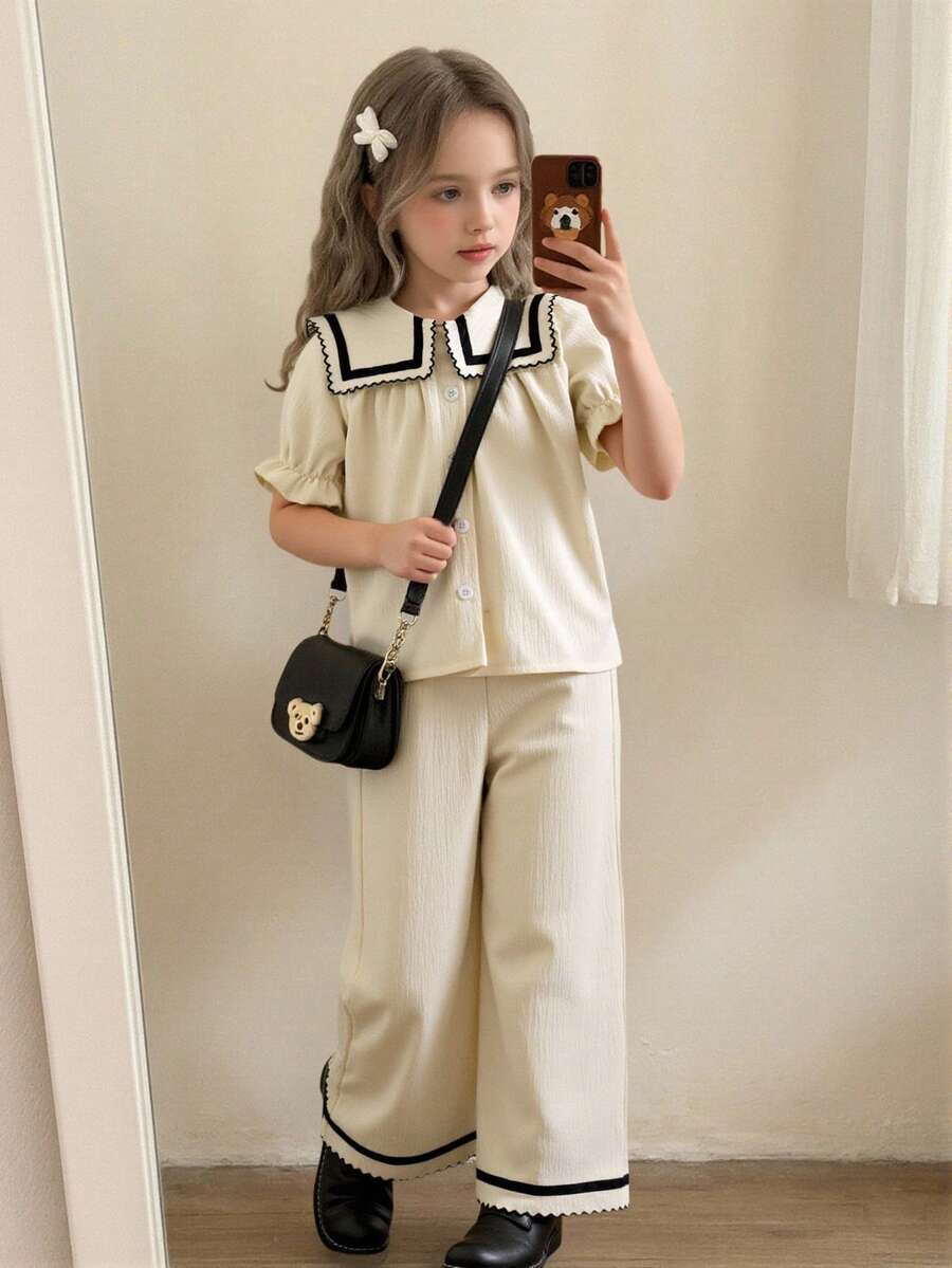 Elladie kids Young Girls Shirt Set - Top With Sweet Cute Contrast Collar, Elastic Cuff + Straight Leg Pants With Crinkle Texture Fabric, Casual Style Suitable For Summer Girls Spring Autumn Suit Girl Two Piece Pants Set Girls Clothes Sets Shirt Pants Collar Shirt Pants Set