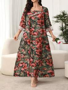 Al Najma Square Neck Ruffle Sleeve Mesh Embroidered Floral Trim Asymmetrical Print Dress - Multicolor - View 5