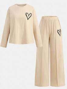 SHEIN Girlism 青少年女孩两件套休闲装 - 宽松圆领针织上衣，带有图案印花和宽松短裤，适合日常穿着、返校、假期、家庭户外活动、春季野餐和各种场合