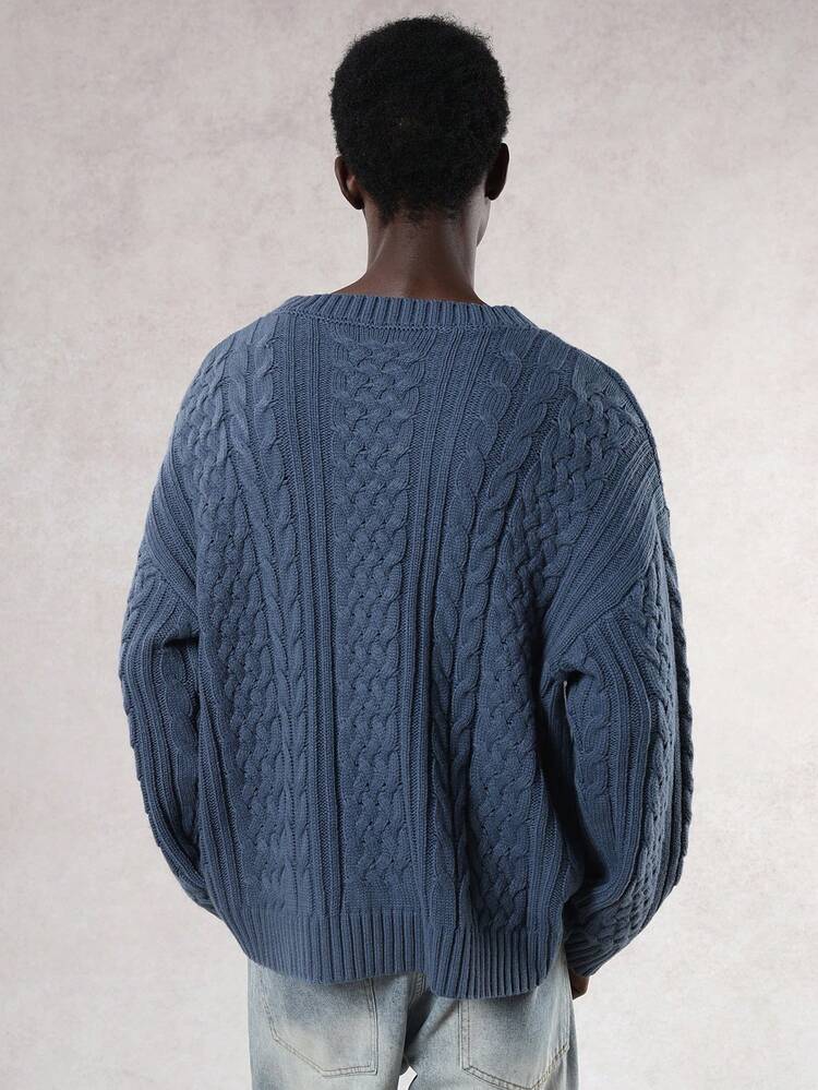 Men's Letter Embroidery Design Blue Striped Cable Knit Sweater, Autumn/Winter