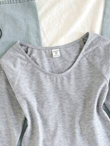 SHEIN 少女高领纯色长袖T恤，百搭基础款打底衫 - 灰色 - 查看 5