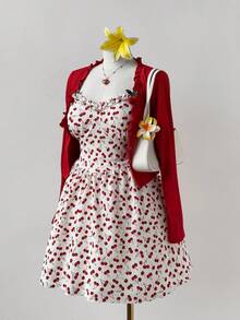 Sweetra 大码女装两件套：樱桃印花连衣裙，复古优雅设计，搭配时尚荷叶边领长袖外套，适合日常穿着、返校季、春季、夏季、秋季、假期、热带风情、优雅、度假、可爱、派对、飘逸、下午茶、早午餐等多种场合，散发优雅的女性魅力。 - 彩色 - 查看 5