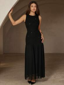 Chiquease 优雅派对度假连衣裙，黑色水钻网纱拼接A字修身连衣裙，无袖，后背隐形拉链。 - 黑色 - 查看 3