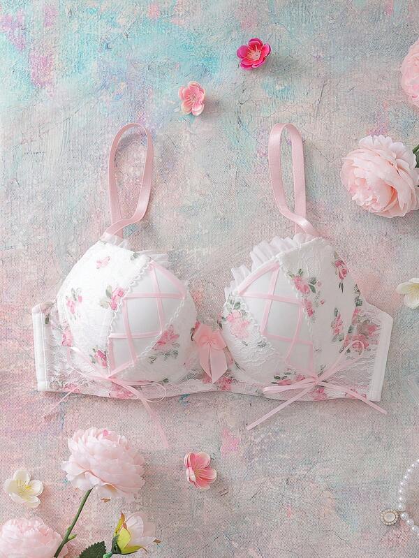FloralLove Reggiseno balconetto da donna con ferretto, coppa sagomata, coppa 3/4, effetto lift e volume, stampa floreale in pizzo, inserti in pizzo, dettaglio fiocco, spalline incrociate, chiusura con laccetti, bordo arricciato, fresco, romantico, carino, comodo