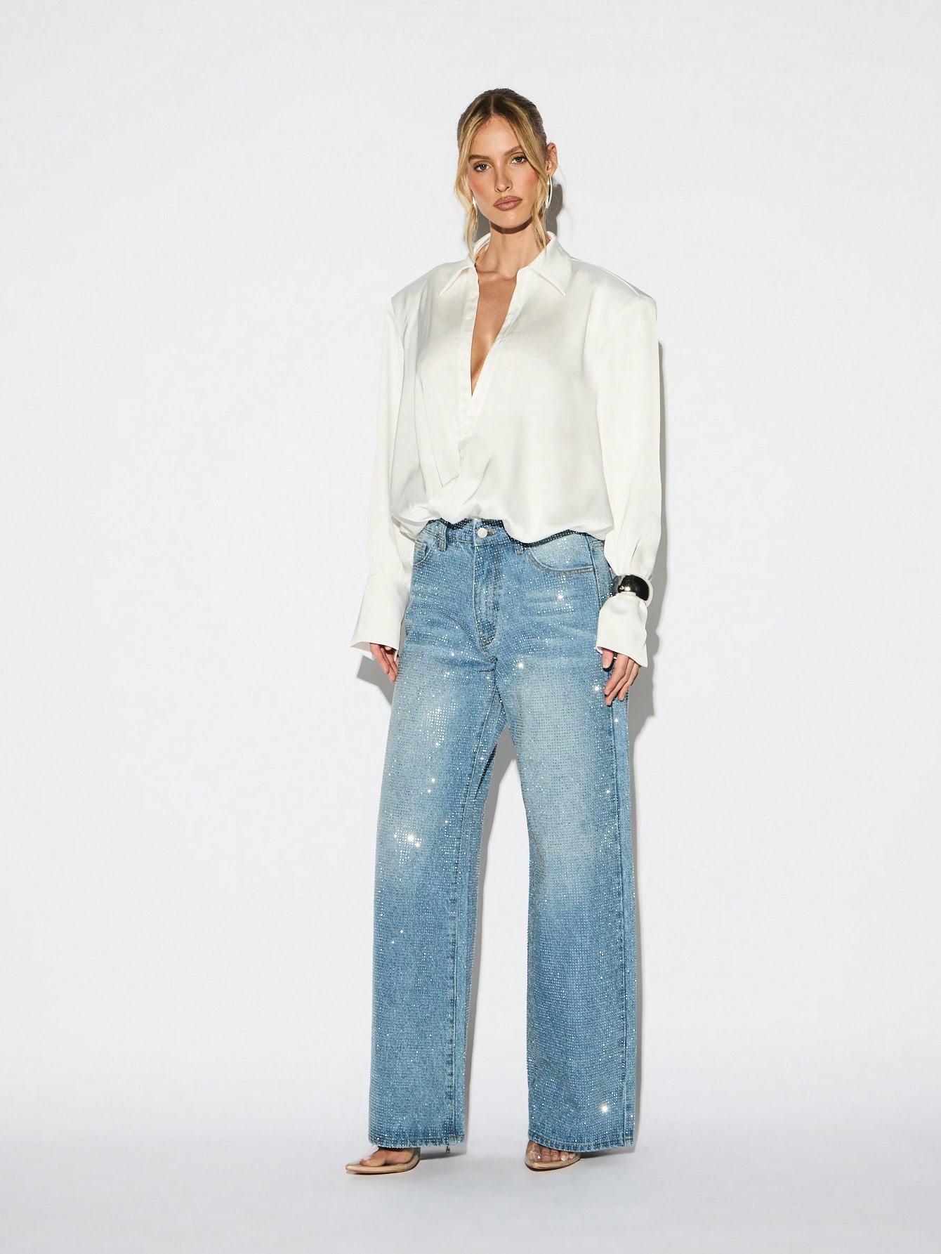 KIZN Cross Over Button Up Blouse With Long Sleeves