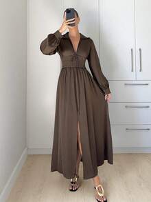 Siren Gaze Váy dài thắt eo bằng vải satin màu nâu, hàng mới về mùa thu/đông - màu nâu - Xem 4
