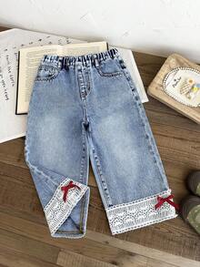 LMoss Kids Young Girl' Bow Trim Loose Fit Blue Denim Pants,Red 3D Bow, Fall Clothes,Winter Clothing , Casual And Fashionable Vacation Outfits,2000s Style  ,Christmas Clothing,Red Bow Denim Pants,Christmas Jeans,Vacation Bow Pants - Light Wash - View 3