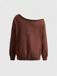 ROMWE Grunge Punk 复古音乐节派对骷髅扎染印花宽松不对称领女式毛衣 - 咖啡棕 - 查看 2