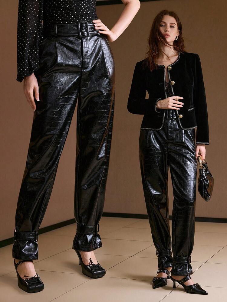 HIGH WAIST CASUAL SKINNY PU LEATHER CROCODILE SKIN PATTERN PANTS, AUTUMN/WINTER