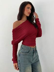 Aloruh Blusa de manga larga ajustada con cuello asimétrico de punto grueso y plisado de unicolor - Rojo - Ver 5