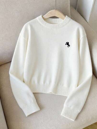 Sparklyn 2025 New Autumn & Winter Tween Girls' Sweater, Solid White Slim-Fit Pullover Turtleneck Base Layer With Pony Embroidery, Soft & Comfortable Inner Wear, Stylish Minimalist Long-Sleeve Knit Sweater For Tween Girls, Suitable For Matching With Coats & Jeans, Versatile For Daily Commute, Outings, Travel, Vacations & Home Wear Girl Sweater Cute Sweater Girl Jumper White Sweater