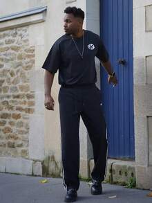 Heavens Edit 1 pièce Pantalon décontracté pour hommes avec double barre, en tissu taslon, design imprimé , convient pour la plage, les déplacements quotidiens, les sports et la remise en forme, coupe jambe droite décontractée, pour le printemps, l'été, l'automne, l'hiver, le style de rue, cadeau pour petit ami/mari, anniversaire, automne - Noir - Voir 1