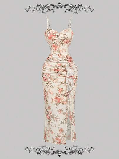 SHEIN MOD 女士复古花卉印花褶皱开衩中长连衣裙、米色女士连衣裙、仙女裙、礼服、除夕夜、新年、新年派对礼服、节日礼服、新年女装、派对女装