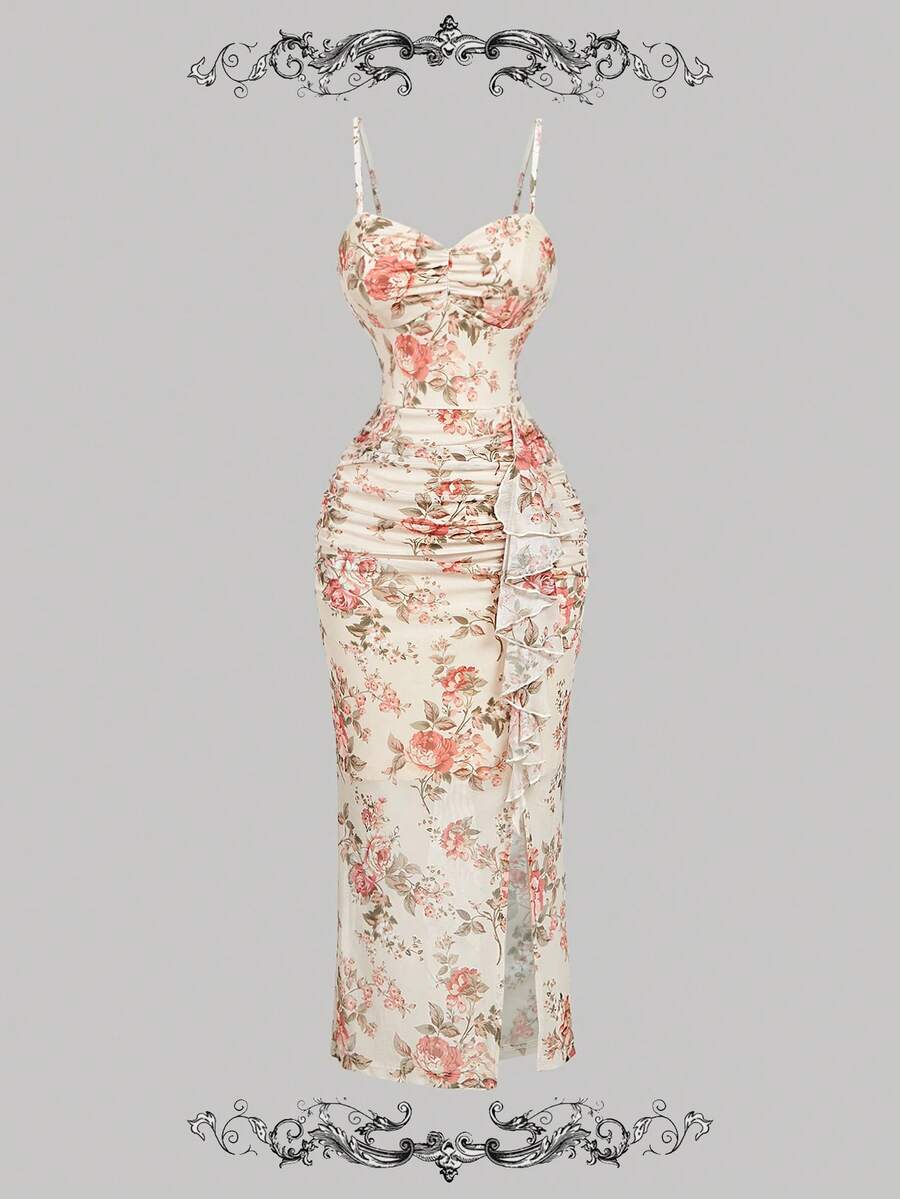 SHEIN MOD 女士复古印花褶皱开衩中长连衣裙，米色女士连衣裙，仙女裙，正式礼服，新年夜，新年，新年派对礼服，节日礼服，新年女装，派对女士连衣裙 - 彩色 - 查看 1