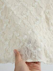 SHEIN Franclia Women's Ivory Lace Crochet Long Sleeve Blouse Lace Top Long Sleeve Lace Blouse Lacey Top Puffy Sleeve Top White Top - Apricot - View 4