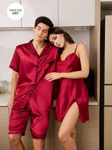 CoupledUp 1 Set Piyama Pria Lengan Pendek Kerah Warna Polos dengan Saku dan Dasi Kupu-kupu Imitasi dari Sutra - Burgundy - View 6