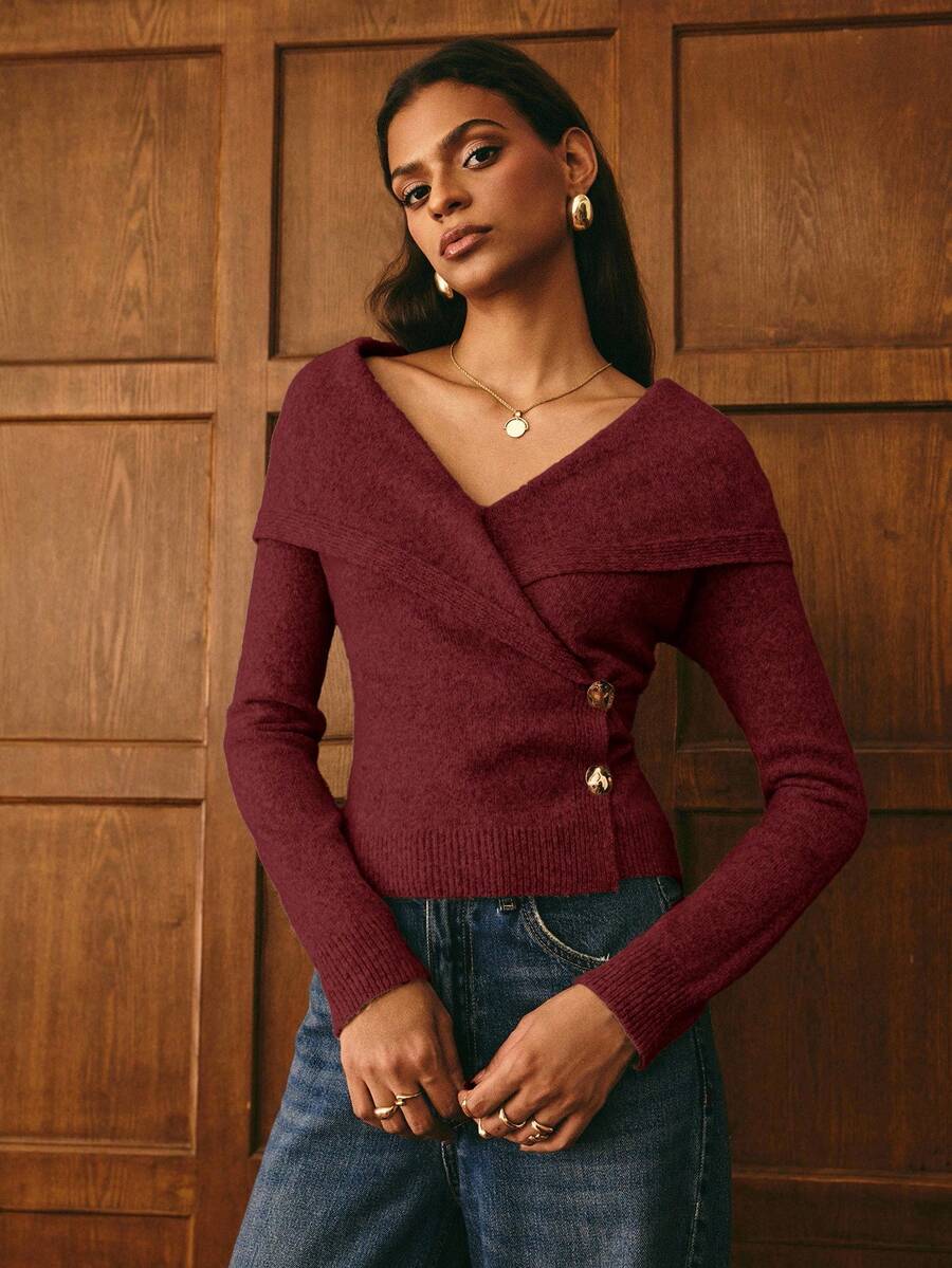 Poéselle 女士纯色长袖修身休闲针织开衫 - 酒紅色 - 查看 1