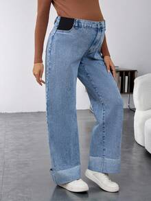 SHEIN Quần jeans bầu cạp cao ống rộng dáng suông đa năng, quần jeans dài màu xanh denim cho nữ, gấu quần xắn lên, thoải mái khi mặc vào mùa đông, Giáng sinh, Năm mới, Lễ Tạ ơn, đi làm, kỳ nghỉ, tốt nghiệp, phong cách Y2K, dễ thương, thời trang đường phố, dự tiệc, đám cưới, thanh lịch, công sở, quần jeans bầu ống rộng hỗ trợ bụng, phong cách tối giản, kiểu mẹ, dễ phối áo sơ mi. - Màu xanh lam - Xem 3