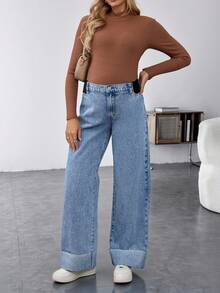 SHEIN Quần jeans bầu cạp cao ống rộng dáng suông đa năng, quần jeans dài màu xanh denim cho nữ, gấu quần xắn lên, thoải mái khi mặc vào mùa đông, Giáng sinh, Năm mới, Lễ Tạ ơn, đi làm, kỳ nghỉ, tốt nghiệp, phong cách Y2K, dễ thương, thời trang đường phố, dự tiệc, đám cưới, thanh lịch, công sở, quần jeans bầu ống rộng hỗ trợ bụng, phong cách tối giản, kiểu mẹ, dễ phối áo sơ mi. - Màu xanh lam - Xem 6