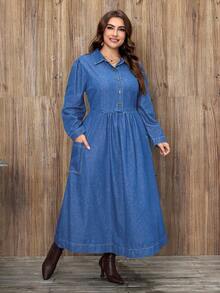 EMERY ROSE 大码女士休闲优雅水洗牛仔连衣裙 - 淺色水洗藍 - 查看 1