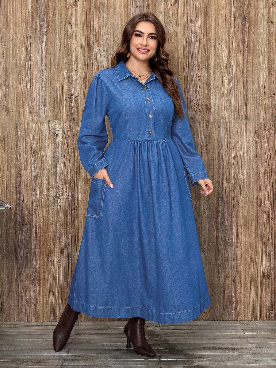 EMERY ROSE 大码女士休闲优雅水洗牛仔连衣裙 - 淺色水洗藍 - 查看 1