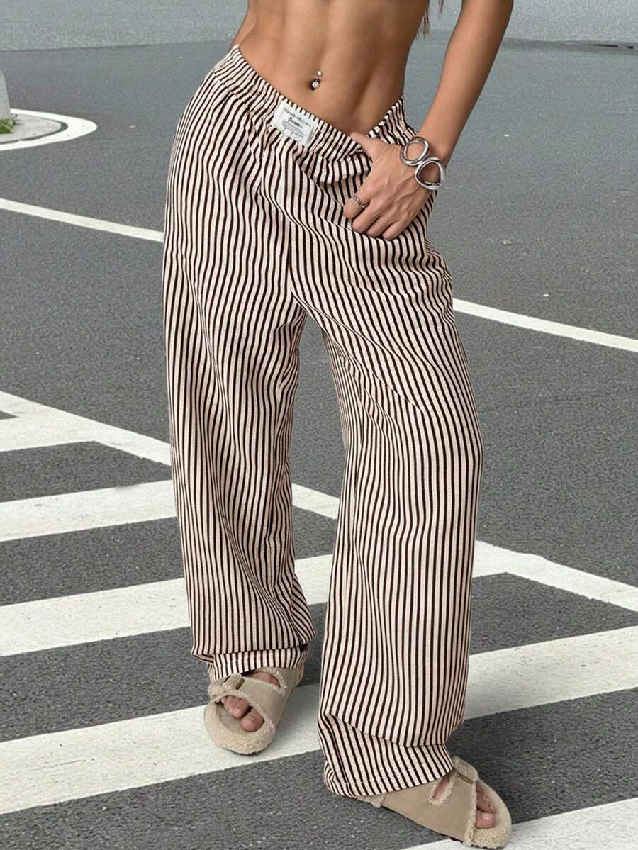 SHEIN EZwear 棕色条纹梭织休闲阔腿裤 - 棕色 - 查看 1