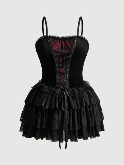 Goth Abito in stile gotico vintage con orlo in jacquard a patchwork rosso e nero, in tessuto di pizzo a rete e occhielli, taglia grande. Abito camisole elegante corto in stile gotico vintage, taglia grande.