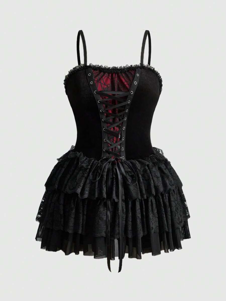 ROMWE Goth 哥特复古蜘蛛网蕾丝面料镂空蕾丝红黑拼接提花下摆加大码连衣裙，哥特复古优雅短款加大码吊带连衣裙 - 黑色 - 查看 1