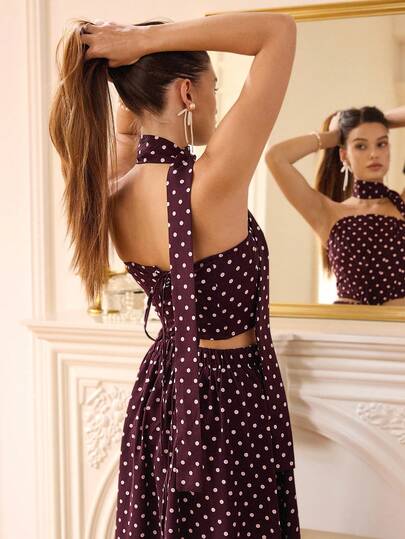 Aveloria Rosie Anchor Red Polka Dot Random Satin Print Retro French Herringbone Waist Bandeau Top With Scarf Tie Sash And A-Line Long Skirt, Elegant Women 2-Piece Set