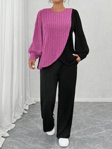 EMERY ROSE Plus Size Crew Neck Long Sleeve Soft Knit Ribbed Colorblock Asymmetrical Patchwork Top & Straight Leg Pants 2 Pieces Set,Black,Autumn,Smart Casual,Everyday - Multicolor - View 4