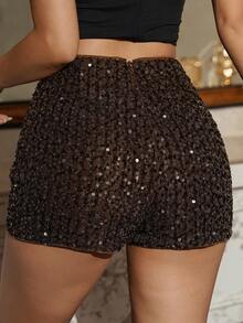 DAZY 女士时尚派对亮片拉链嘉年华短裤 - 咖啡棕 - 查看 3