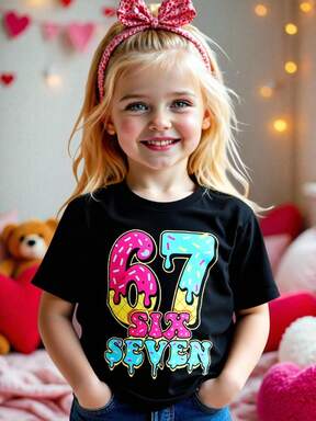 Girls Short Sleeve T-Shirt, 67 Six Seven Donut Graphic Print, Suitable For Spring And Summer, Casual & Cute Daily Wear, Fashionable & Versatile