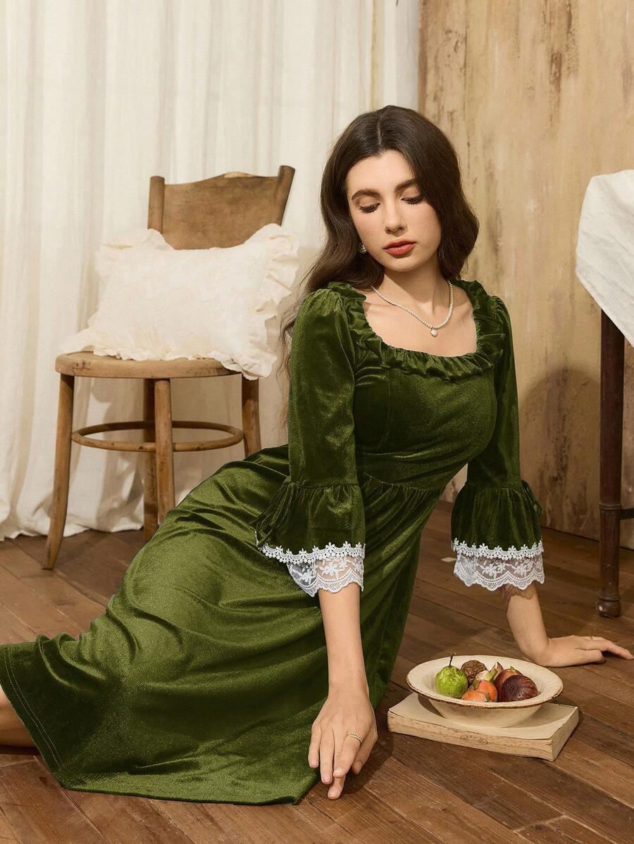 Côtesoire 法式优雅撞色蕾丝天鹅绒女士睡裙 - 軍綠色 - 查看 1