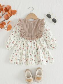 Cozy Pixies Robe longue à manches longues pour bébé fille avec imprimé floral, bloc de couleurs et volants à l'ourlet