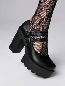 ROMWE 女士时尚优雅百搭厚底高跟鞋 - 黑色 - 查看 3