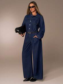 Avantive 女士纯色前扣休闲长袖牛仔连体裤 - 藍色 - 查看 4