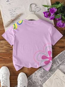 SpongeBob SquarePants | SHEIN Tween Girl Casual Cartoon Graphic Round Neck Short Sleeve T-Shirt, Summer - White - View 2