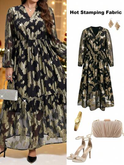 SHEIN LUNE Plus-Size Gold Sequined Party Dress, Plus-Size Women'S High-Quality Black Gold Jacquard Long-Sleeved A-Line Dress, Long-Sleeved Black Dress, Dress, Fitted Midi Dress, Elegant Black Long Dress, Women'S Autumn Clothing, Women'S Winter Clothing, Plus-Size Autumn Clothing, Winter Clothing, Autumn, Women'S Winter Outfits, Evening Wear, Outing Outfits, Retro Style Women'S Clothing, Suitable For Various Occasions.Christmas, Women'S Autumn Dresses, Women'S Winter Dresses, Autumn Wedding Guest Dresses, Autumn Dresses, Homecoming Dresses, Homecoming Dresses, Women'S Date Night Outfits, Outing Dresses, Date Night Outfits, Women'S Wedding Guest Dresses, Bride'S Mother'S Wedding Dresses, Formal Wedding Guest Dresses, Wedding Event Dresses, Autumn Wedding Guest Dresses, Elegant Wedding Guest Dresses, A-Line Dresses. 2025 New Arrivals.