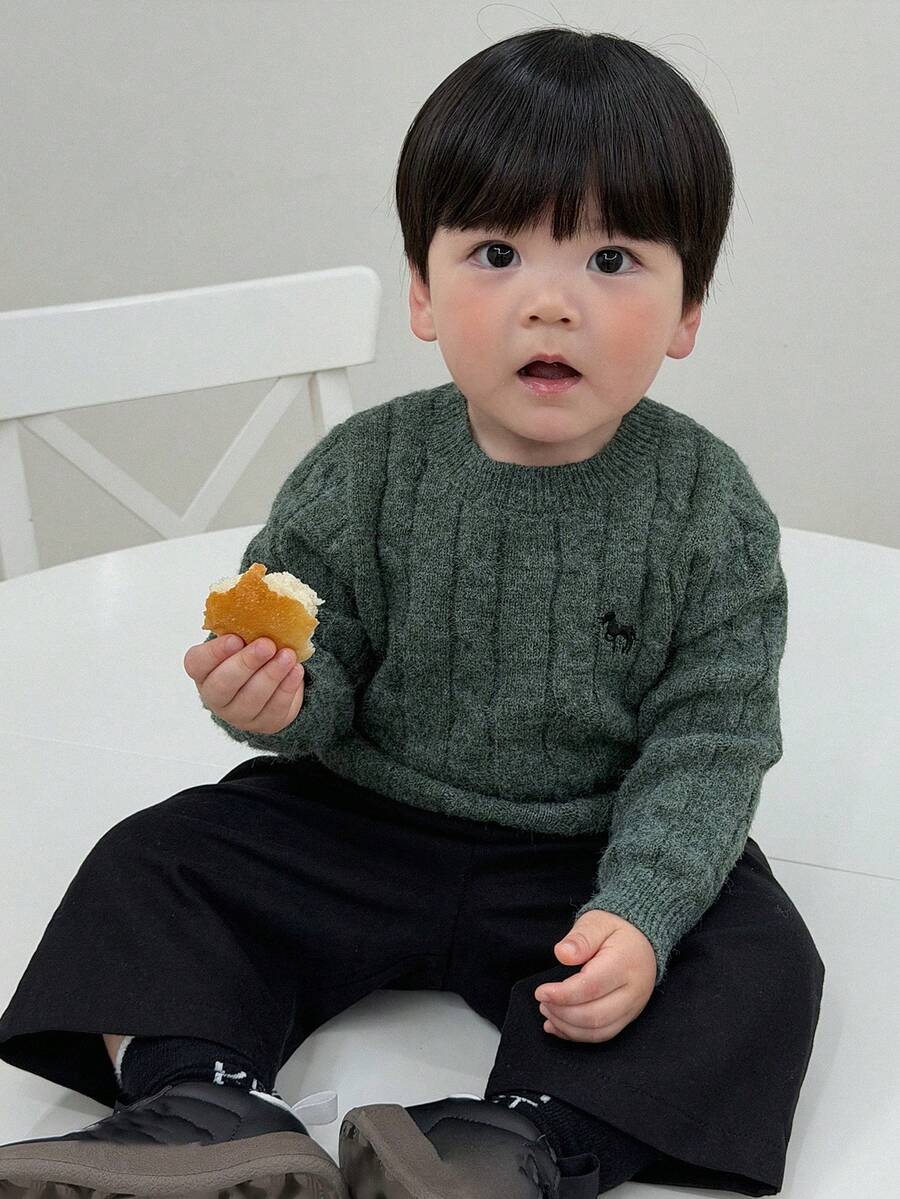 DAZY 男童圆领麻花针织卡通刺绣纯色毛衣 - 綠色 - 查看 1