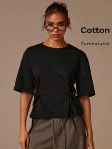 Athîral 女式休闲黑色短袖上衣，侧腰抽绳设计 - 黑色 - 查看 1