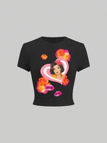 INAWLY Women's Casual Floral & Portrait Graphic Round Neck Short Sleeve Fitted T-Shirt, Summer - Multicolor - View 6