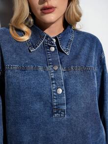 Maija Áo denim cỡ lớn gợi cảm tay dài rộng màu xanh áo sơ mi nữ mùa thu váy nữ áo sơ mi nữ áo cánh - Rửa tối - Xem 5